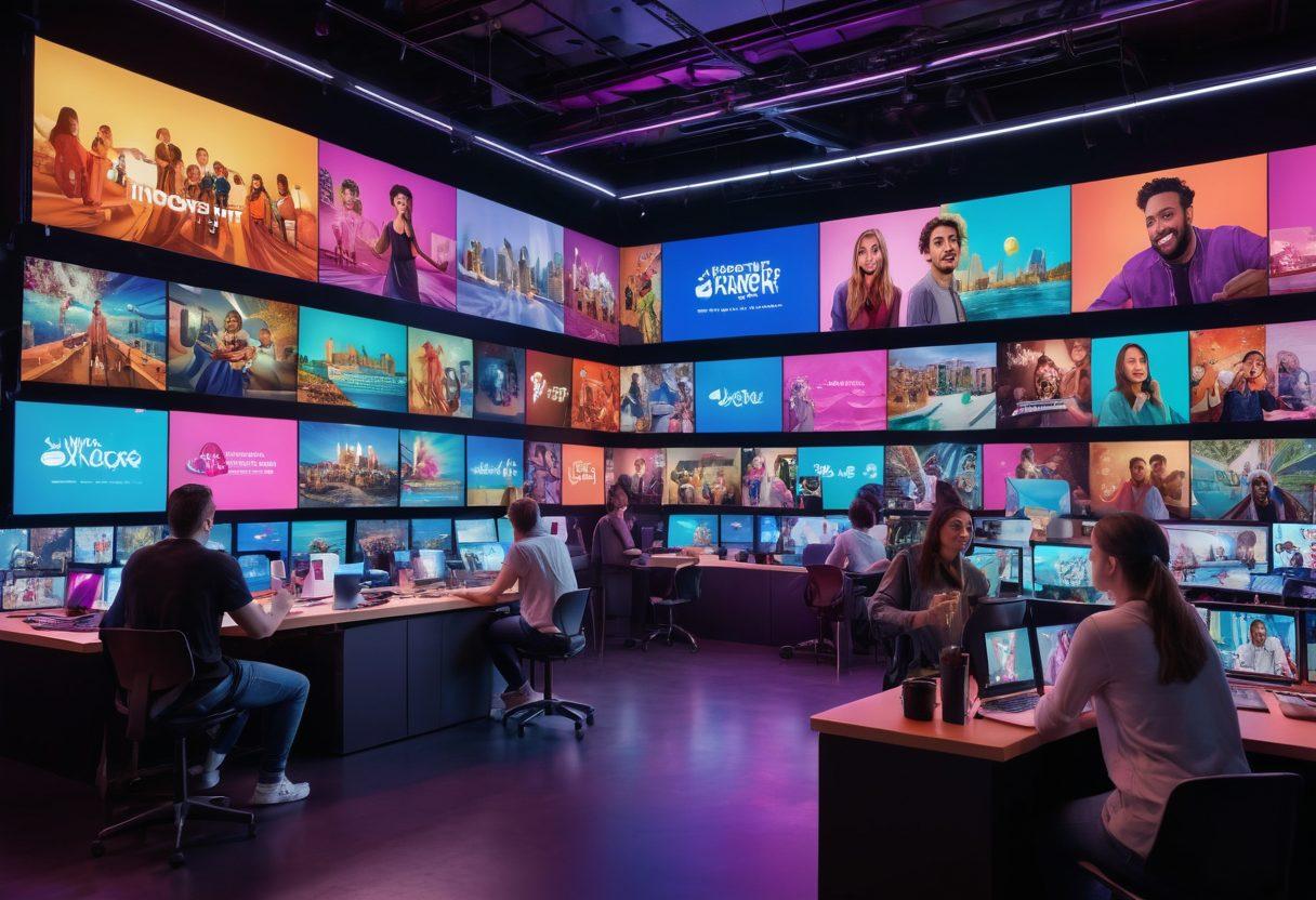 A dynamic scene showing a diverse group of content creators engaged in vlogging and live streaming, surrounded by colorful digital screens displaying their work. Incorporate elements of creativity, such as cameras, lighting equipment, and vivid graphics. Capture a sense of community and engagement with vibrant colors and energy flowing throughout the space. Reflect the theme of digital creativity and innovation. super-realistic. vibrant colors. 3D.