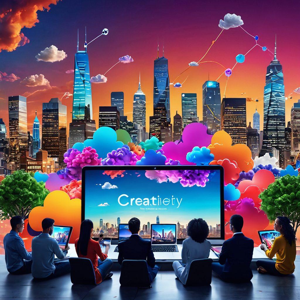 A dynamic digital landscape showcasing diverse people engaging with creative video content on various devices like smartphones, tablets, and laptops. In the background, a vibrant city skyline symbolizes innovation and connectivity. Include elements like play buttons, clouds representing sharing, and abstract designs representing creativity and engagement. The overall feel should be lively and modern. super-realistic. vibrant colors. 3D.