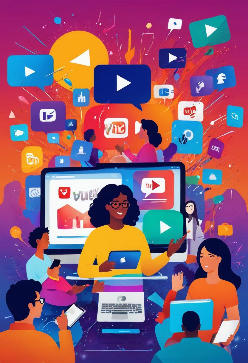 A colorful and dynamic illustration of diverse individuals engaging with video content on various devices, with vibrant YouTube-like icons floating around symbolizing community engagement. The background features a digital landscape blending creative elements such as paint splashes and video reels. Bright, uplifting colors to evoke excitement and inspiration. super-realistic. vibrant colors. digital art.